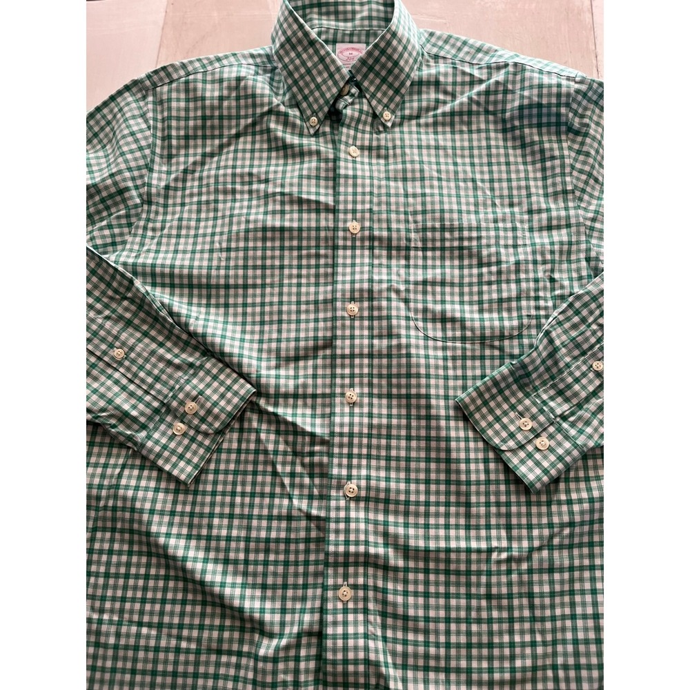 Brooks Brothers 346 Mens Green‎ Gingham Non-Iron Cotton Button Down Shirt M